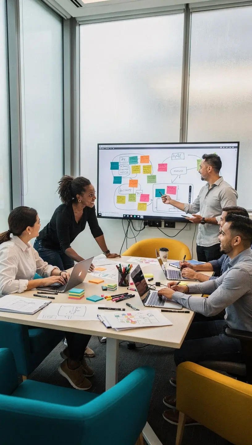 Минималистичный офисный холл с зелеными растениями и ярким освещением.