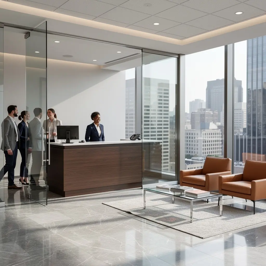 Офисная зона с естественным освещением и зелеными растениями для создания уюта.