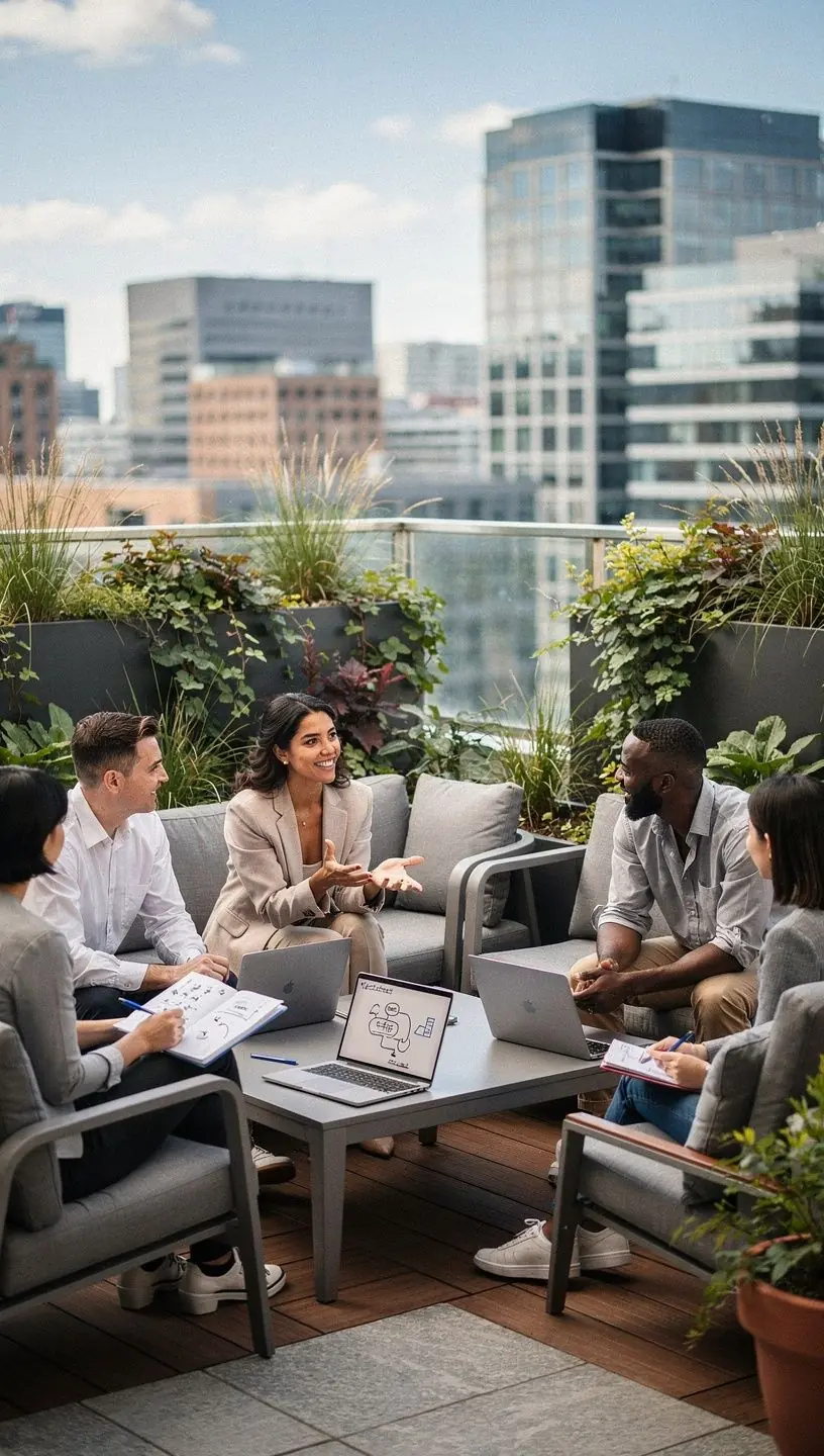 Современный дизайн офисного рецепционного пространства с удобной мебелью.